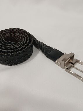 Men's Unisex Reversable Braided Belt Faux Leather Black Brown Chrome Buckle 51"